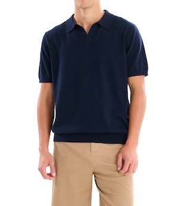 Thomas Cotton Knit Polo - Navy Online 3 Wise Men NZ