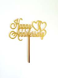 Gold Acrylic Happy Anniversary with Two Hearts Cake Topper