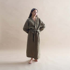 Linen Robe - Olive Pinstripe