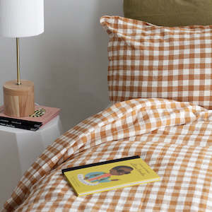 Furniture: European Linen Duvet Set - Toffee Gingham, King Single