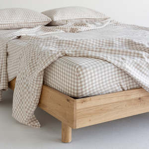 Furniture: European Linen Fitted Sheet - Natural Small Gingham