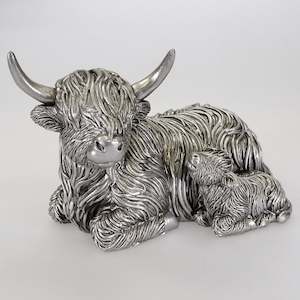 Silver-Look Resting Highland Cow and Calf Figurine