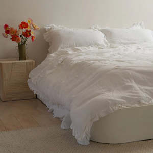 Linen Ruffle Edge Duvet Set- White