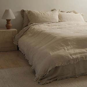 Linen Ruffle Edge Duvet Set- Sand Stripe