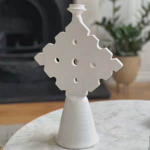 Home Decor: TADELAKT TRIANGLE CANDLE HOLDER MEDIUM WHITE