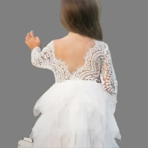 Flower Girls Lace & Mesh Long Sleeve White Dress