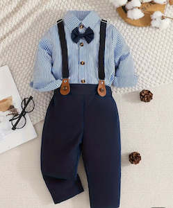 Boys Special Occasion Clothes Accessories: Boys striped dress shirt and Navy pant c/w bowtie and suspenders