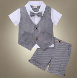 Boys Short Pinstripe Suit in Grey - Art Deco