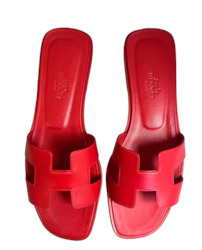 Hermes Oran Calfskin Leather Sandals, Coquelicot