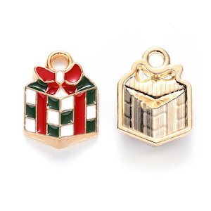 Alloy Enamel Christmas Present Charm 14mm x 10mm x 3mm