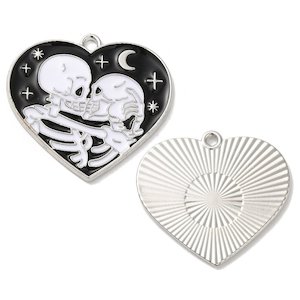 Alloy Enamel Heart with Skeletons Pendant 29mm x 28mm x 1.5mm