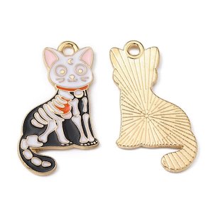 Alloy Enamel Skeleton Cat Charm 28mm x 16.5mm x 1.5mm