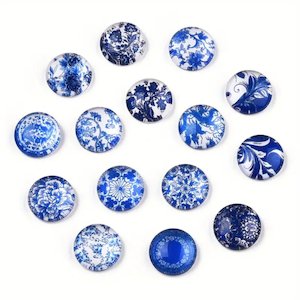 Blue And White Floral Printed Glass Cabochons 12mm x 5mm