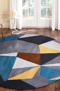 Laura Designer Wool Blue Yellow Grey  Round Rug