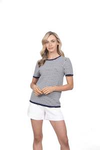 Bella Navy/White Short Sleeved Jacquard Top