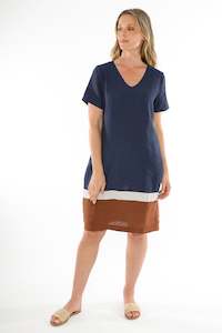 Jump Contrast Hem Linen Short Sleeve V neck Dress