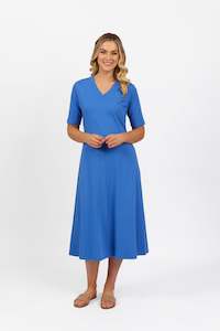 Vassalli Short Sleeve A Line Knit Dress With V Neck French Blue