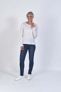 Vassalli Winter White 100% Merino long Sleeve Top with Frilled Neck-Hem Cuffs