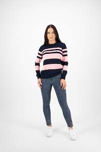 Vassalli Pink Stripe Round Neck Knit Sweater