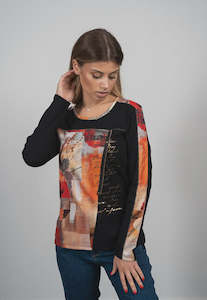 Kalisson Black and Orange Round Neck Long Sleeve Top