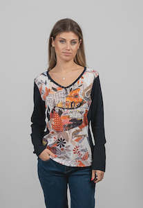 Kalisson Navy and Orange V Neck Long Sleeve Top