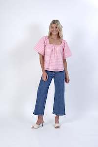 Menswear: Knewe Pink Check Parade Square Neck Short Sleeve Top