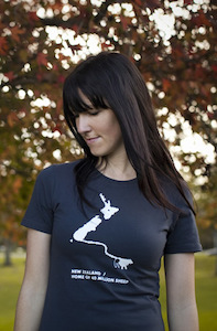 ‘New Zealand: Home of 40 million sheep’ Womens Charcoal Tee – Ambassador