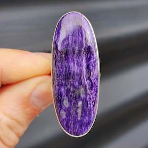 ring: (T) Solid Sterling Silver & Natural Charoite XL Oval Handmade Solitaire Ring