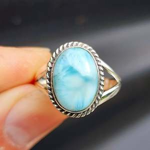 ring: (R) Solid Sterling Silver & Natural Larimar Handmade Solitaire Ring