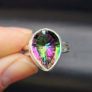 ring: (M) Solid Sterling Silver & Mystic Topaz Handmade Solitaire Ring