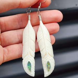 Natural Hand Carved Maori Bone Carving & Paua Earrings - Feathers