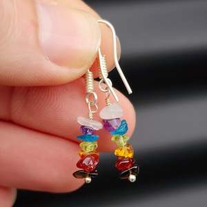 Earrings: Solid Sterling Silver & Natural Gemstone 7 Chakra Hanging Earrings