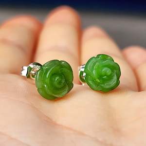 Nephrite Greenstone & Solid Silver Rose Stud Earrings