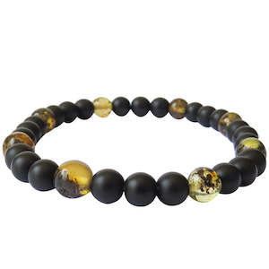 Amber Bracelets: Adults Bracelet - Polished Green Amber & Matte Obsidian