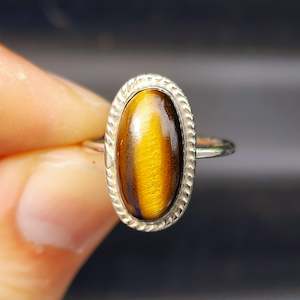 (Q) Solid Sterling Silver & Natural Tigers Eye Oval Handmade Solitaire Ring