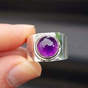 (T) Solid Sterling Silver & Natural Amethyst Wide Band Cuff Handmade Ring