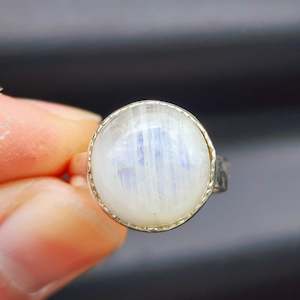 Rings: (Q) Solid Sterling Silver & Natural Round Moonstone Handmade Solitaire Ring