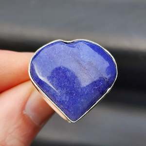 (Q) Solid Sterling Silver & Rustic Natural Blue Quartz Heart Handmade Signet Ring