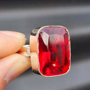 Rings: (Q/R) Solid Sterling Silver & Red Garnet Rectangle Faceted Stone Handmade Solitaire Ring