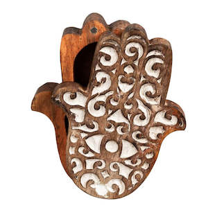 Ornaments Decor: Wooden Hamsa Hand Trinket / Jewelry Box (8A3)