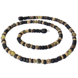 Adults Surfer Necklace - Light Brown & Black Coconut Beads with Raw Green Amber