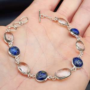 Solid Sterling Silver & Natural Lapis Lazuli Plus Quartz Handmade Chain Bracelet