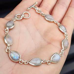 Solid Sterling Silver & Natural Moonstone Handmade Chain Bracelet