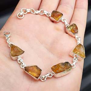 Solid Sterling Silver & Natural Raw Citrine Stone Handmade Chain Bracelet