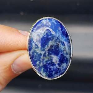 Rings: (T) Solid Sterling Silver & Natural Sodalite Oval Handmade Solitaire Ring