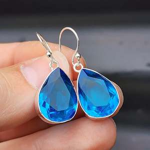 Solid Sterling Silver & Blue Topaz Handmade Hanging Hook Earrings