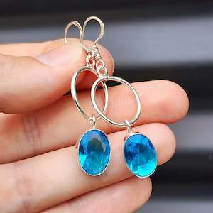 Solid Sterling Silver & Blue Topaz Handmade Hanging Hook Earrings