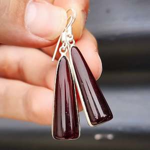 Solid Sterling Silver & Natural Garnet Handmade Hanging Hook Earrings