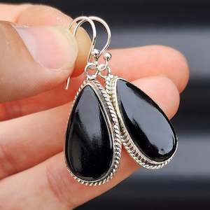 Solid Sterling Silver & Natural Black Onyx Handmade Hanging Hook Earrings