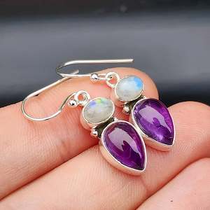 Solid Sterling Silver & Natural Amethyst & Moonstone Handmade Hanging Hook Earrings